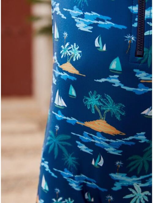 Shein Toddler Boys Coconut Tree Sailboat Print Raglan Sleeve One Piece Swimsuit