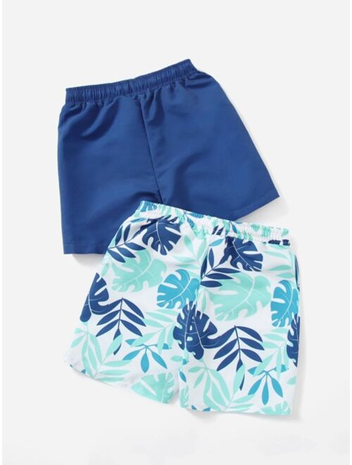 Shein 2pack Toddler Boys Plant Print Plain Swim Shorts