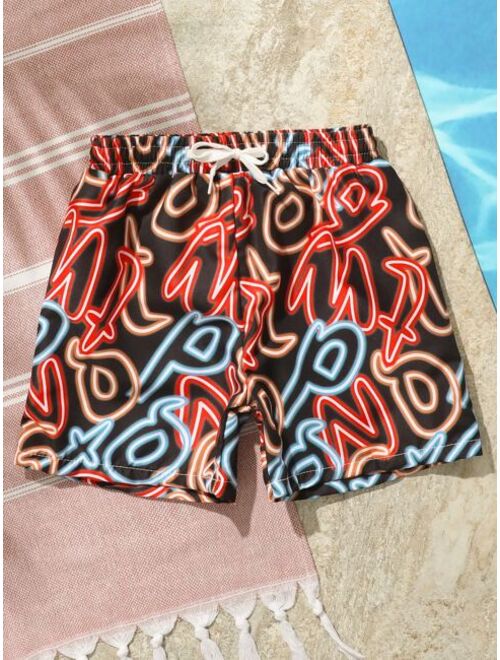 Shein Toddler Boys 1pack Random Letter Graphic Drawstring Swim Shorts