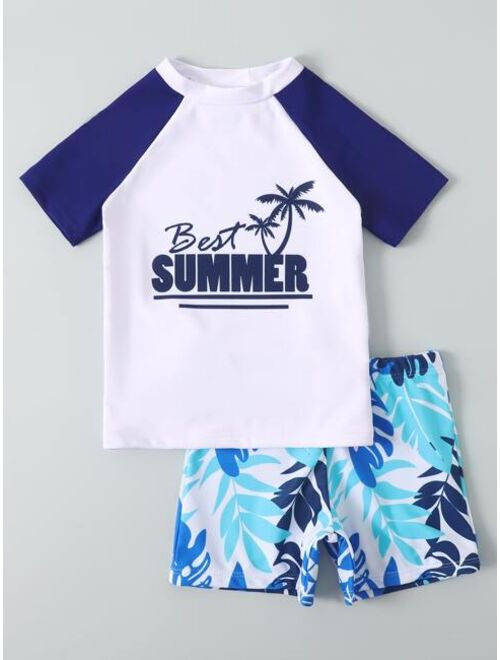 Shein Toddler Boy Letter Graphic Plant Print Swimsuit