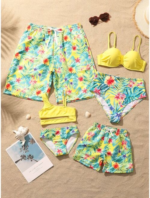 Shein Toddler Boys 1pack Floral And Tropical Print Drawstring Waist Beach Shorts