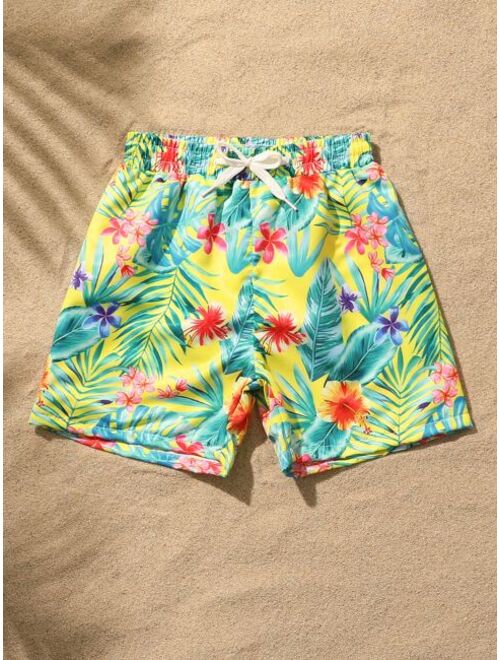Shein Toddler Boys 1pack Floral And Tropical Print Drawstring Waist Beach Shorts