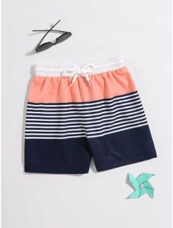 Toddler Boys Color Block Striped Drawstring Waist Swim Shorts