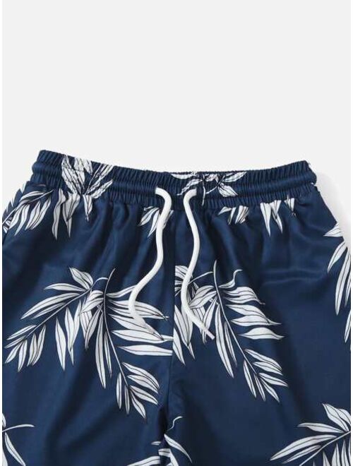 Shein Boys Plant Print Drawstring Swim Shorts