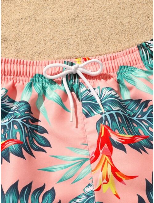 Shein Boys 1pack Random Tropical Print Drawstring Waist Beach Shorts
