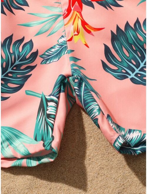 Shein Boys 1pack Random Tropical Print Drawstring Waist Beach Shorts