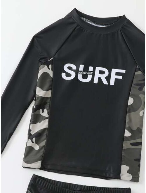 Shein Boys Random Camo Letter Graphic Raglan Sleeve Swimsuit