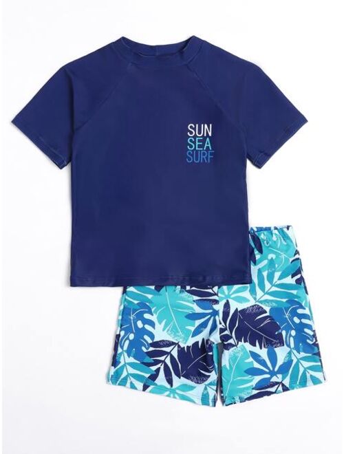 Shein Boys Leaf Letter Graphic Swimsuit