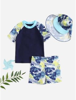 Boys Brush Stroke Letter Graphic Swimsuit With Swim Cap