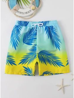 Boys Random Tropical Print Drawstring Waist Swim Shorts