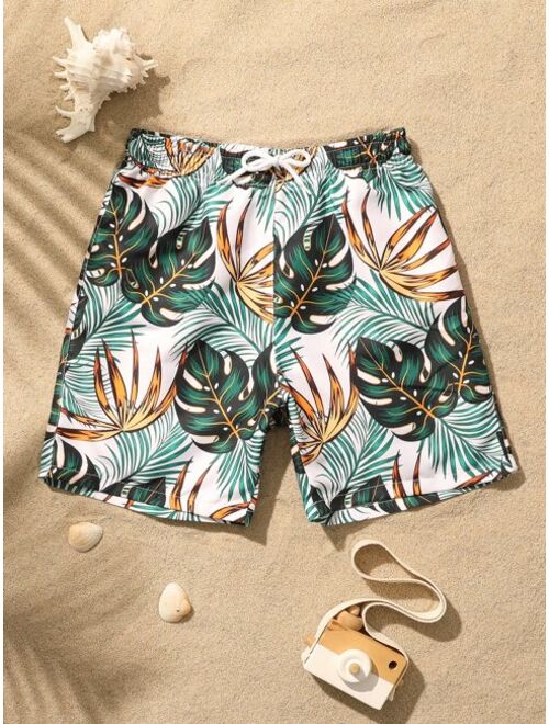 Shein Boys 1pack Random Tropical Print Drawstring Waist Swim Shorts