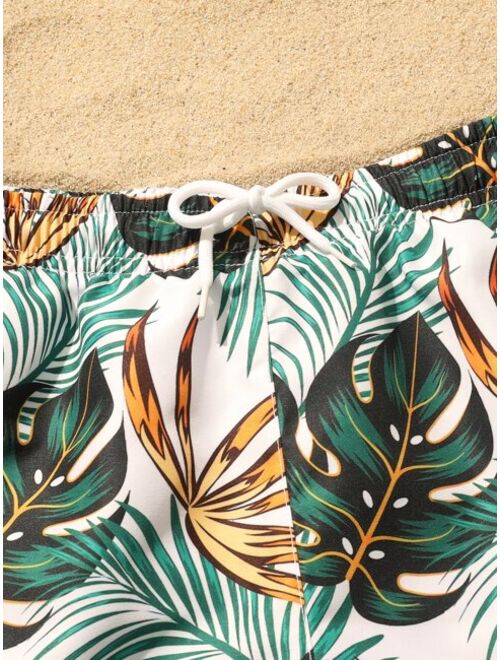 Shein Boys 1pack Random Tropical Print Drawstring Waist Swim Shorts