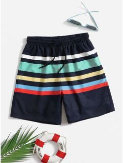 Boys Colorful Striped Drawstring Waist Swim Trunks