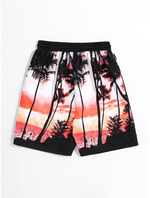 Shein Boys Tropical Print Drawstring Waist Swim Shorts