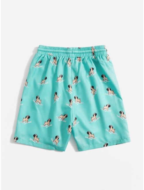 Shein Boys Dog Print Drawstring Waist Swim Trunks