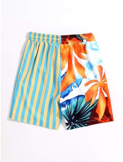 Shein Boys Striped Tropical Print Drawstring Waist Swim Shorts