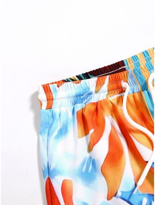 Shein Boys Striped Tropical Print Drawstring Waist Swim Shorts