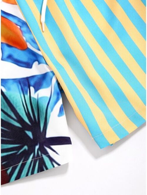 Shein Boys Striped Tropical Print Drawstring Waist Swim Shorts