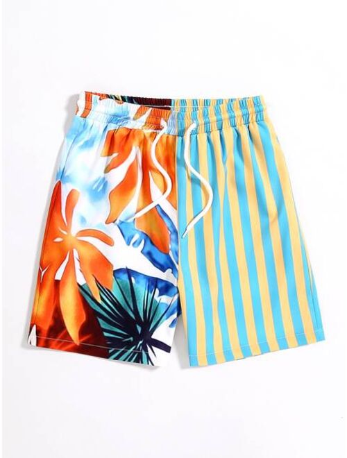 Shein Boys Striped Tropical Print Drawstring Waist Swim Shorts