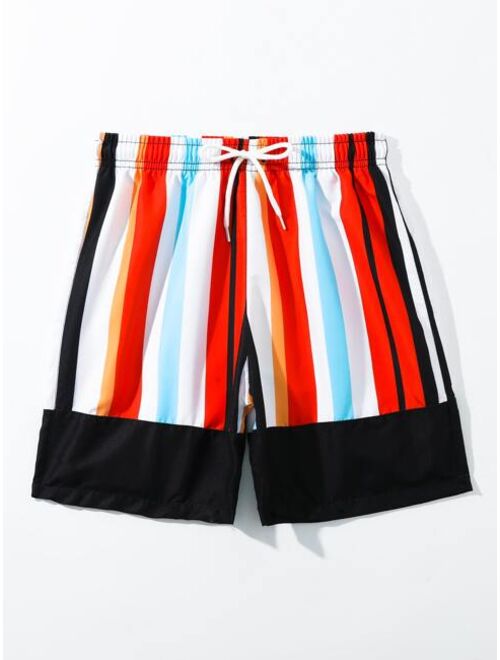 Shein Boys Block Striped Drawstring Waist Swim Shorts