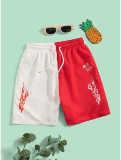 Boys Letter Fire Print Drawstring Waist Swim Shorts