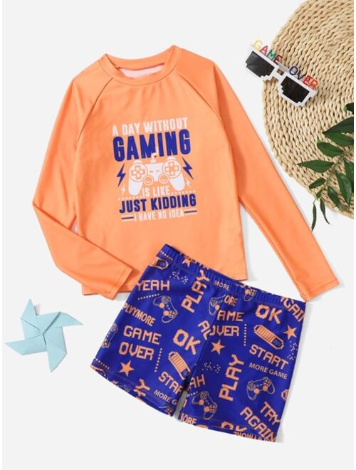 Shein Boys Gamepad Slogan Graphic Raglan Sleeve Swimsuit