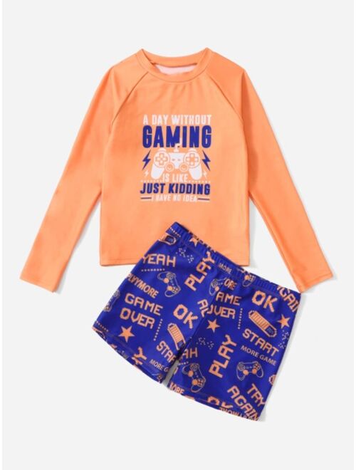 Shein Boys Gamepad Slogan Graphic Raglan Sleeve Swimsuit