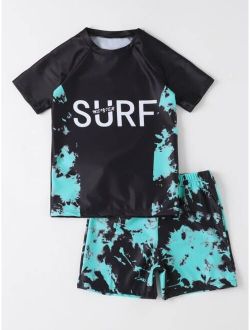 Boys Random Tie Dye Letter Graphic High Neck Beach Swimsuit