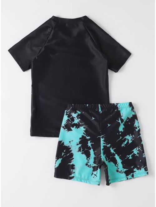 Shein Boys Random Tie Dye Letter Graphic High Neck Beach Swimsuit