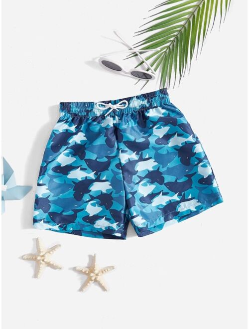 Shein Boys Allover Shark Print Drawstring Waist Swim Shorts