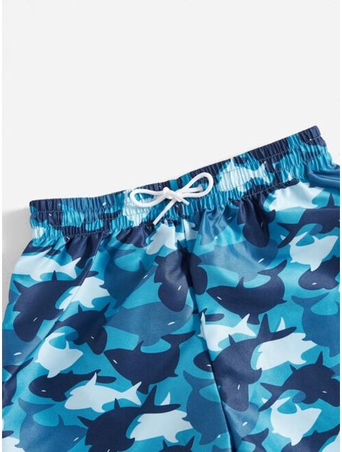 Shein Boys Allover Shark Print Drawstring Waist Swim Shorts