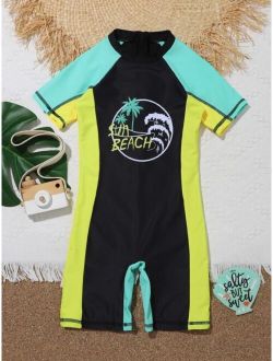Boys Coconut Tree Letter Graphic Colorblock Raglan Sleeve One Piece Swimsuit