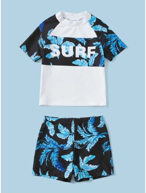 Shein Boys Leaf Letter Graphic Raglan Sleeve Swimsuit