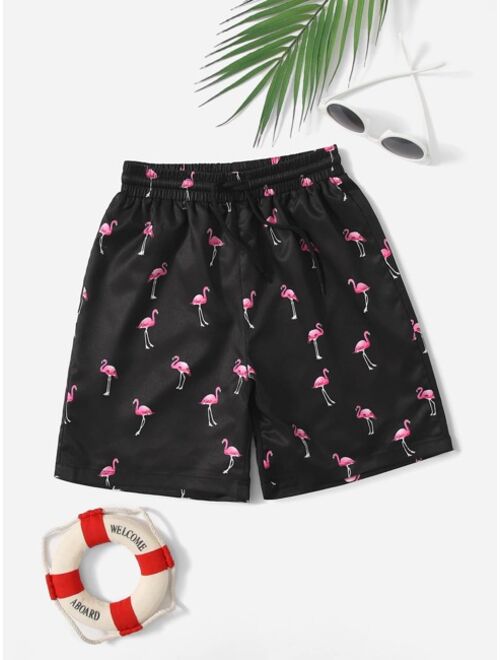 Shein Boys Flamingo Print Drawstring Waist Swim Trunks