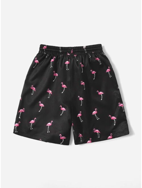 Shein Boys Flamingo Print Drawstring Waist Swim Trunks