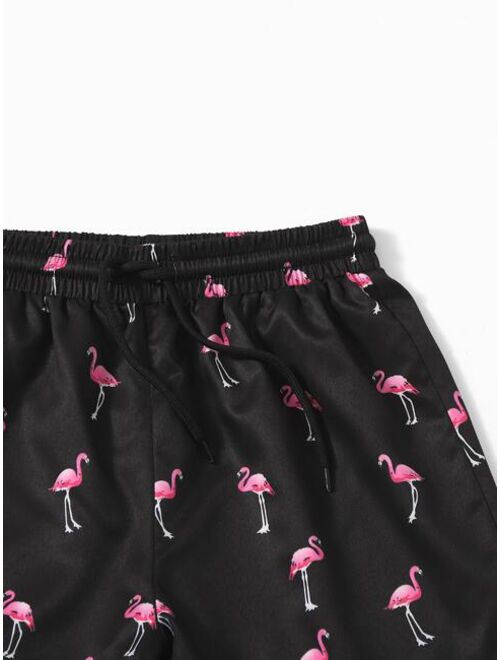 Shein Boys Flamingo Print Drawstring Waist Swim Trunks