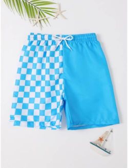 Boys Checkered Print Drawstring Waist Swim Shorts