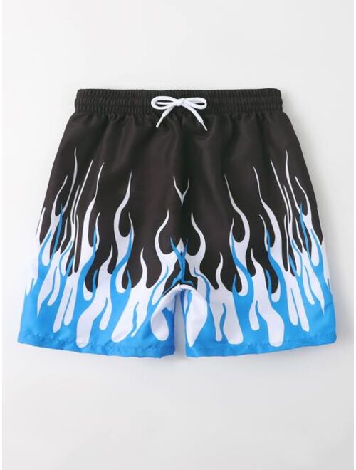 Shein Boys Fire Print Drawstring Waist Swim Shorts