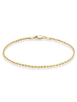 18K Gold Over Sterling Silver Italian 2mm, 3mm Diamond-Cut Braided Rope Chain Bracelet for Men Women, Solid 925 Made in Italy