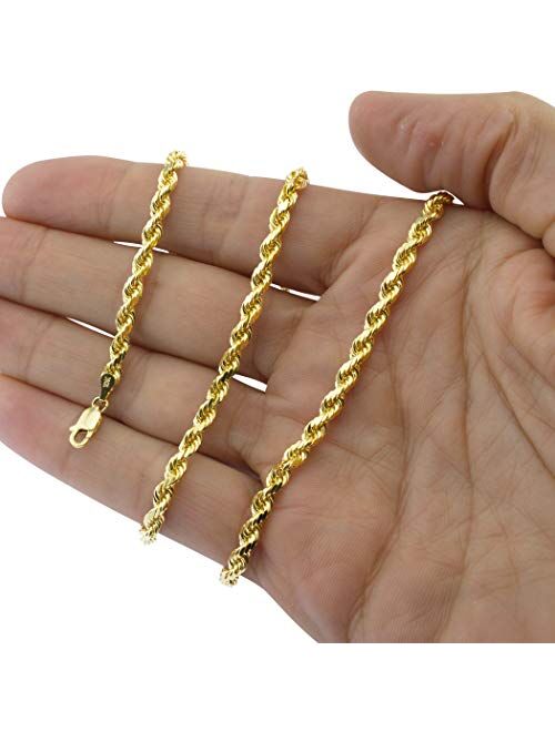 Nuragold 10k Yellow Gold 4mm Rope Chain Diamond Cut Bracelet or Anklet, Mens Womens Lobster Clasp 7" 7.5" 8" 8.5" 9"
