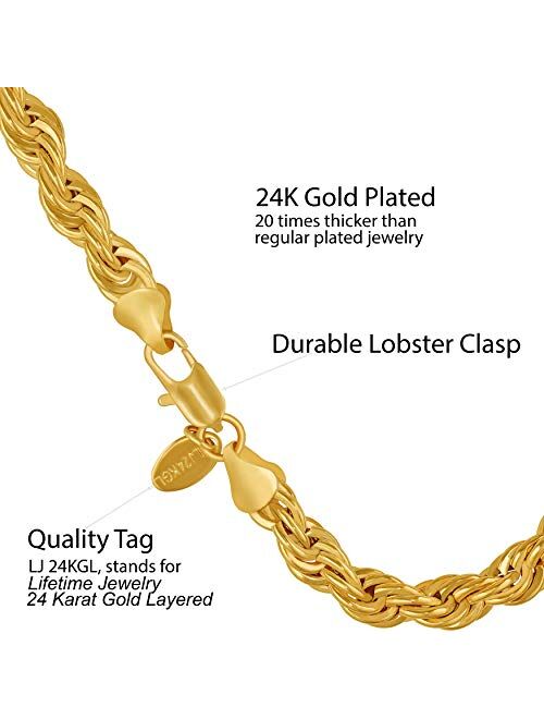 LIFETIME JEWELRY 7mm Rope Chain Bracelet for Men and Women 24K Real Gold Plated