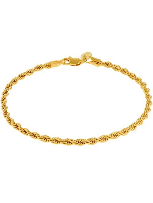 LIFETIME JEWELRY 4mm Rope Chain Bracelet 24k Real Gold Plated for Women and Men