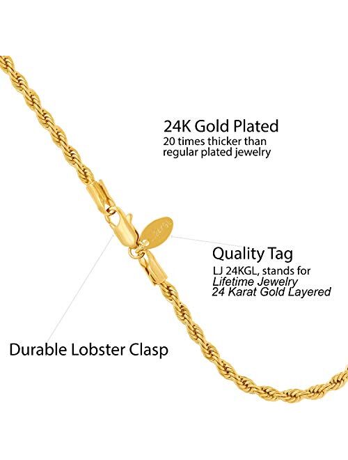 LIFETIME JEWELRY 4mm Rope Chain Bracelet 24k Real Gold Plated for Women and Men