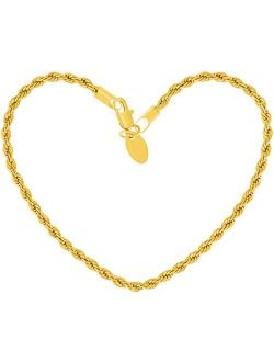 LIFETIME JEWELRY 3mm Rope Chain Bracelet 24k Real Gold Plated for Women and Men 7" 8" and 9"