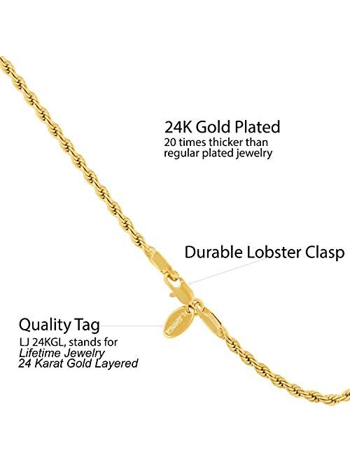 LIFETIME JEWELRY 3mm Rope Chain Bracelet 24k Real Gold Plated for Women and Men 7" 8" and 9"