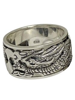 Forfox Retro Vintage 925 Sterling Silver Chinese Dragon Spinner Ring Band Jewelry for Men Women 12mm Size 8-13