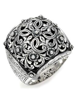 Women's Classic Ornate 925 Sterling Silver Square Cushion Statement Ring