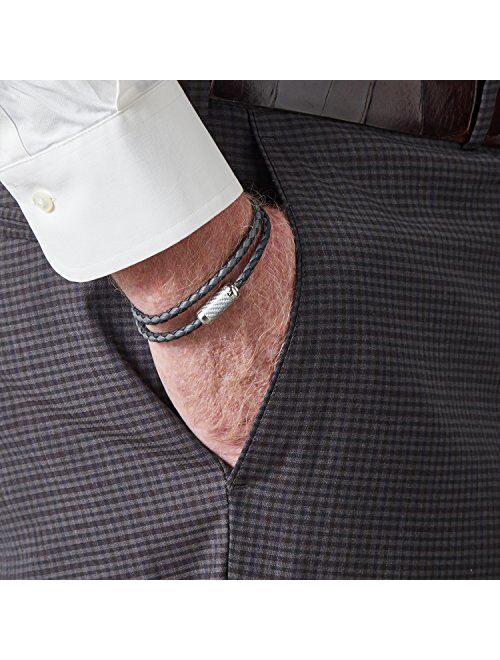 Tateossian Mens Double Wrapped Italian Leather Montecarlo Carbon Fiber Silver Clasp Bracelet