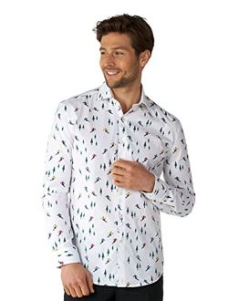Christmas Fitted Button-up Shirt with Long Sleeves for Men in Different Prints