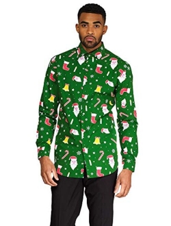 Christmas Fitted Button-up Shirt with Long Sleeves for Men in Different Prints